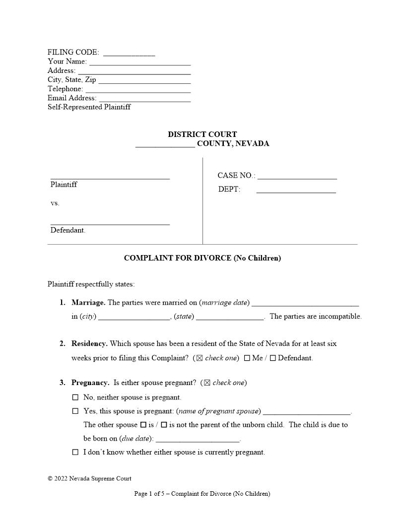 Complaint For Divorce (No Children) | Pdf Fpdf Doc Docx | Nevada