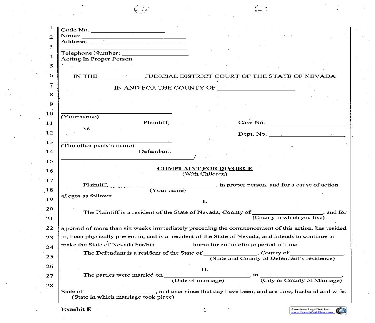 Complaint For Divorce (With Children) | Pdf Fpdf Doc Docx | Nevada