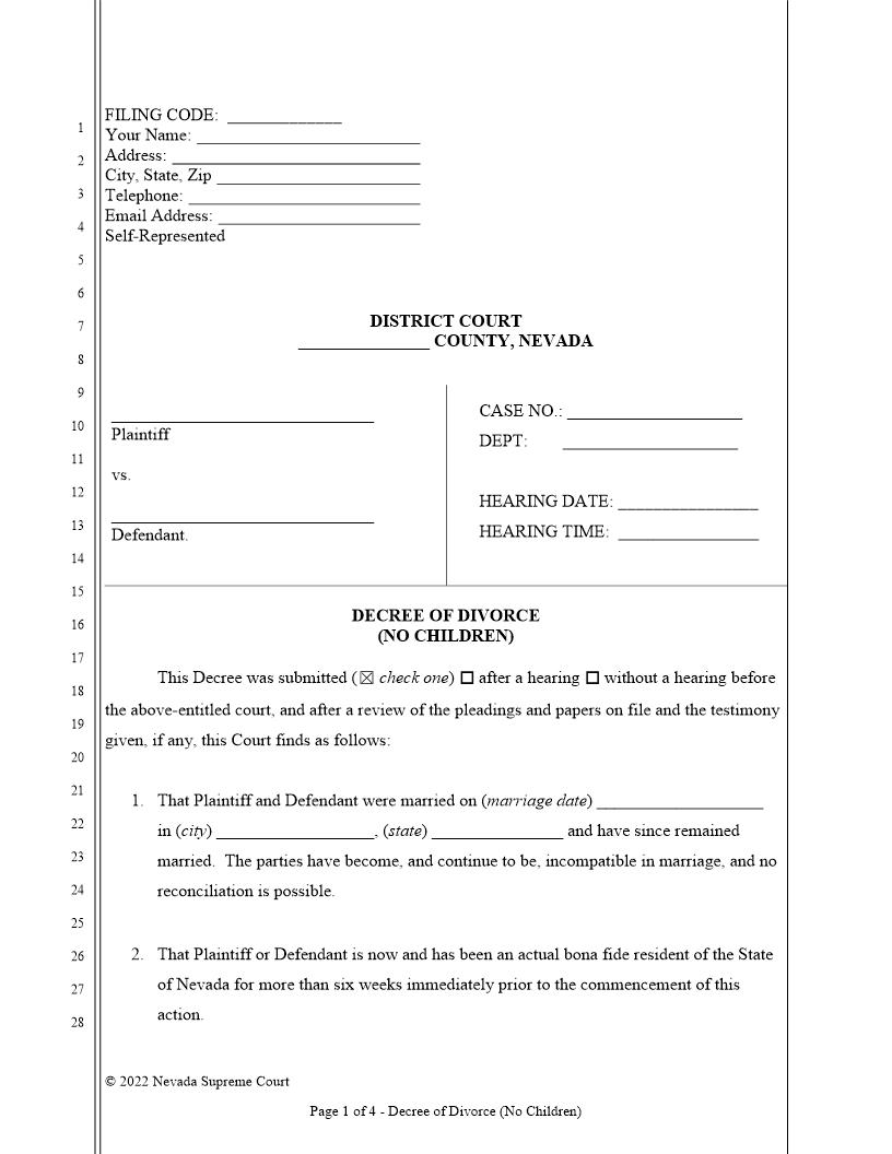 Decree Of Divorce (Without Children) | Pdf Fpdf Doc Docx | Nevada