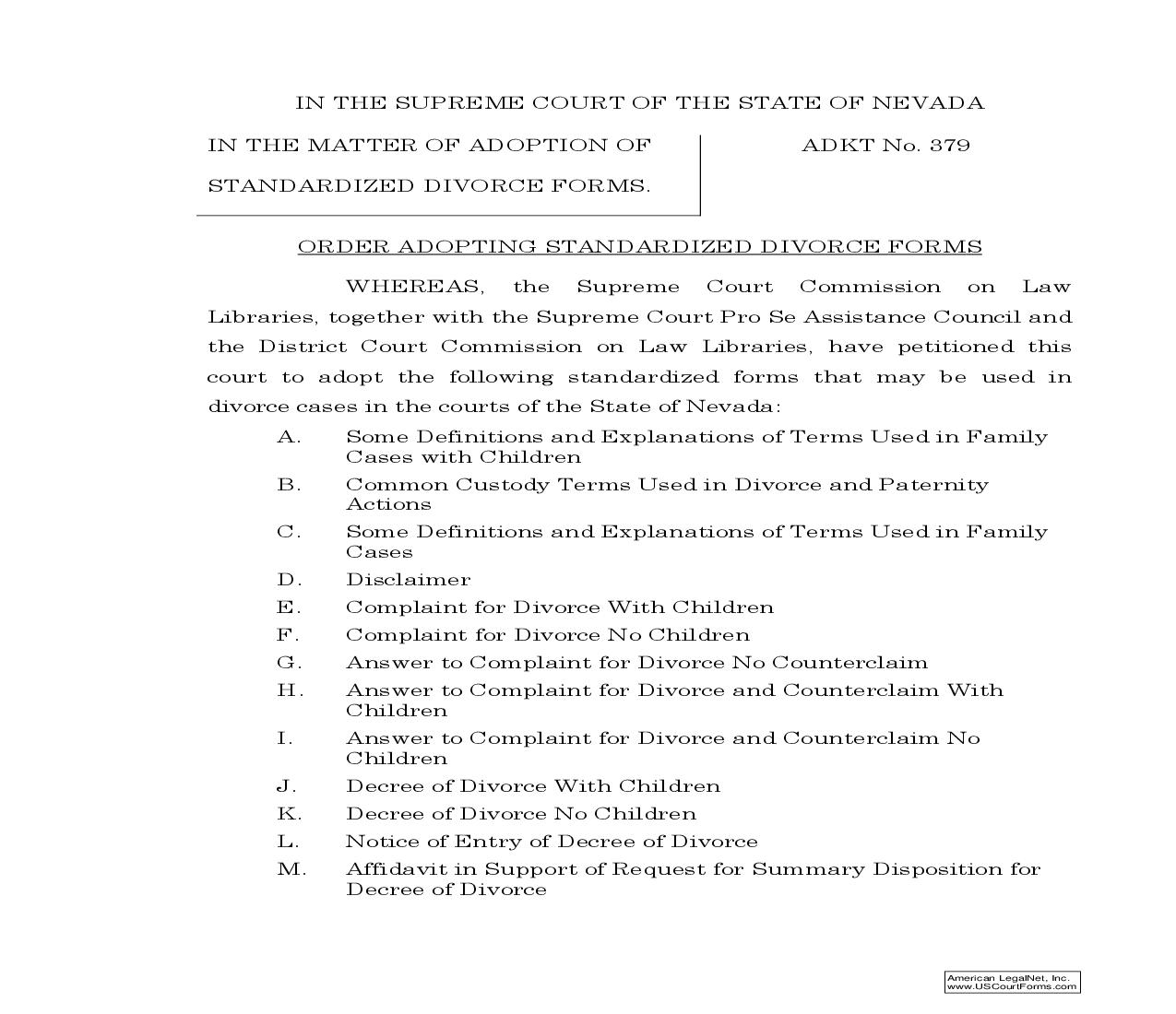 Order Adopting Standardized Divorce Forms |  | Nevada