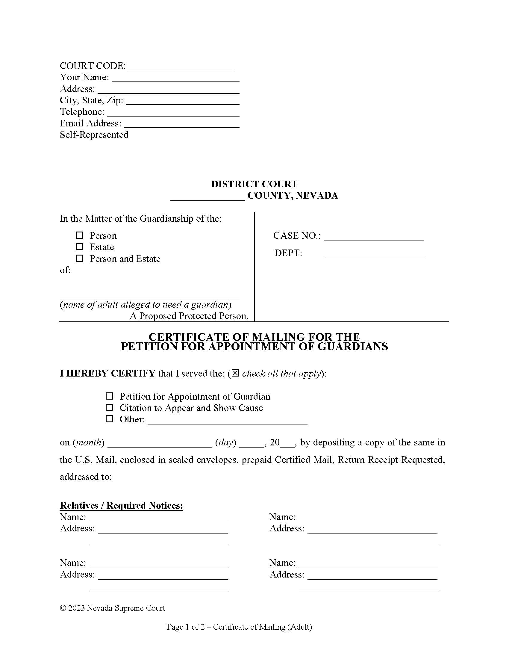 Certificate Of Mailing Adult | Pdf Fpdf Docx | Nevada