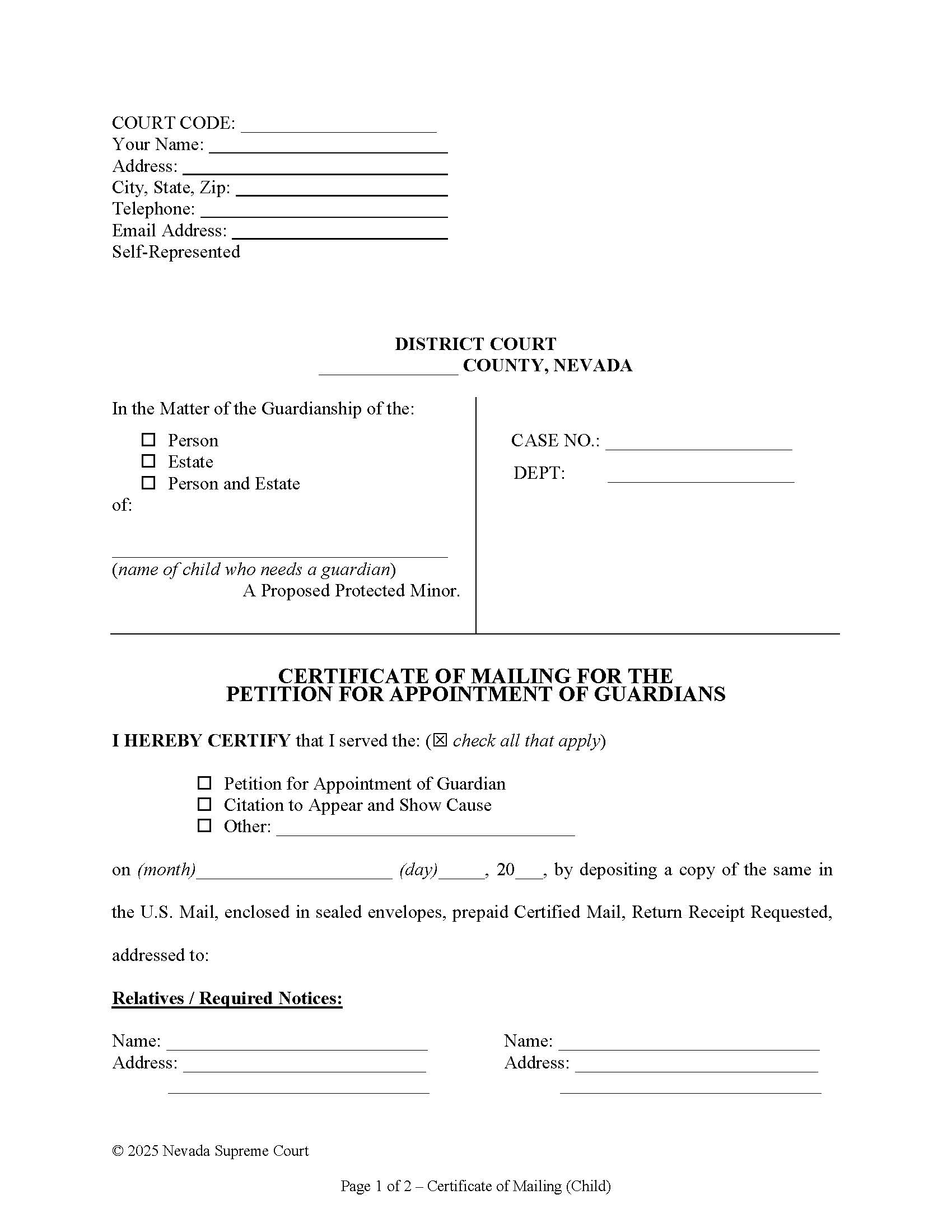 Certificate Of Mailing Child | Pdf Fpdf Docx | Nevada