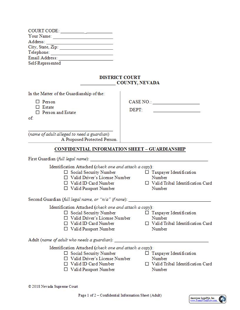 Confidential Information Sheet For Adult | Pdf Fpdf Docx | Nevada