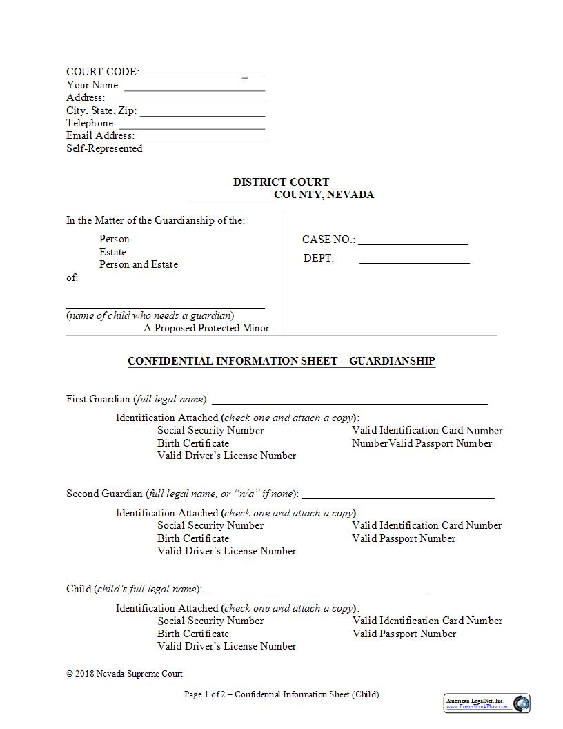 Confidential Information Sheet For Child | Pdf Fpdf Docx | Nevada
