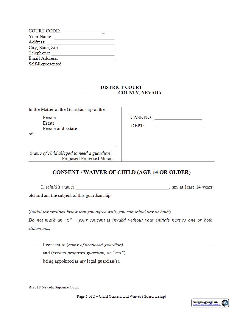 Consent Waiver Of Child | Pdf Fpdf Docx | Nevada