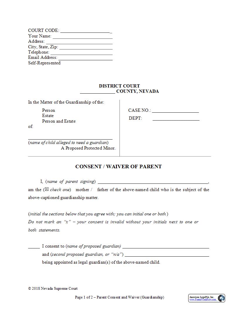 Consent Waiver of  Parent | Pdf Fpdf Docx | Nevada