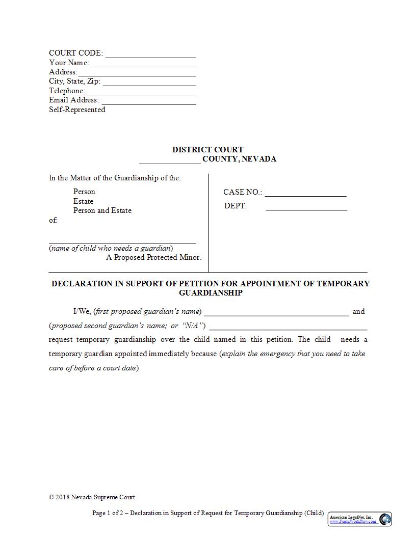 Declaration In Support Of Petition For Appointment Of Temporary Guardianship | Pdf Fpdf Docx | Nevada