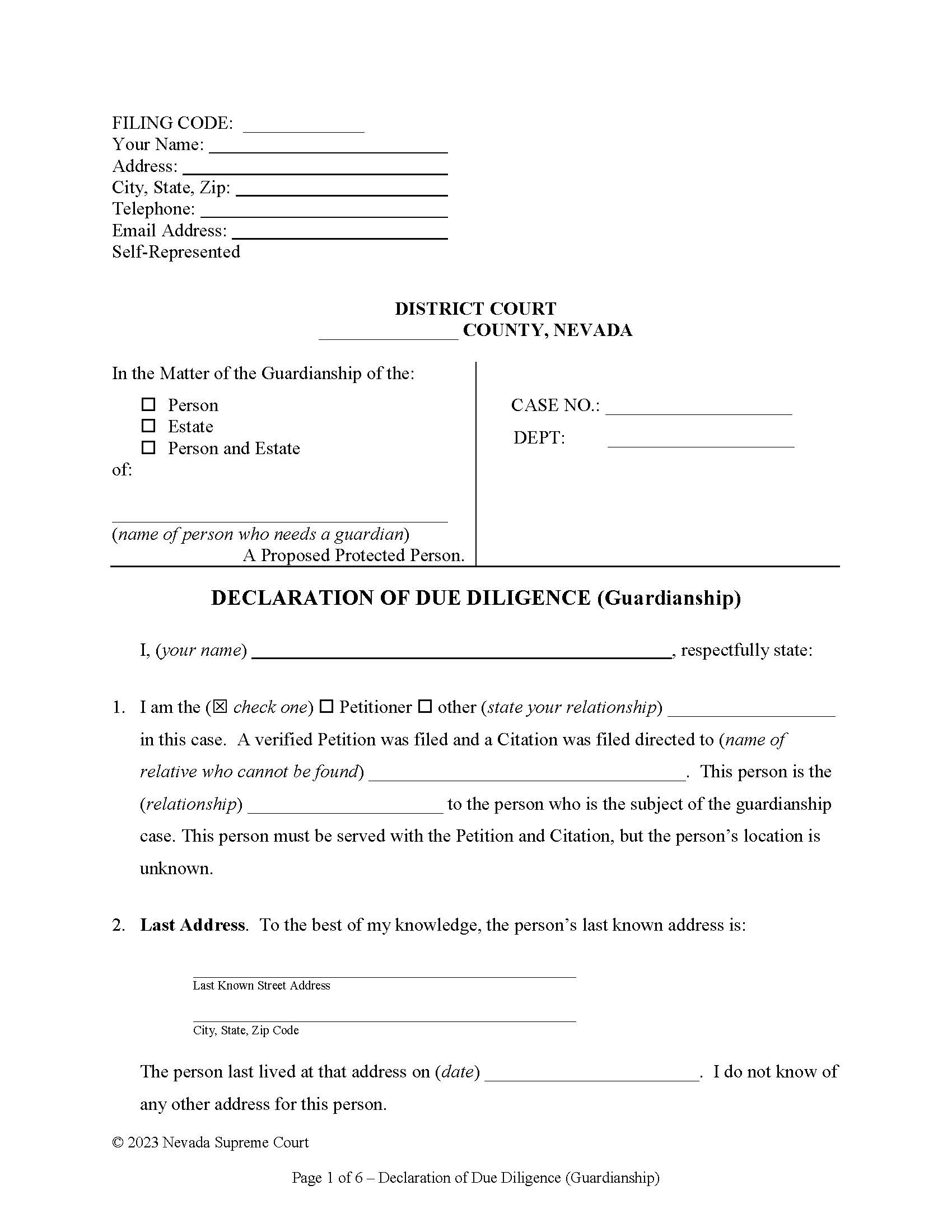 Declaration Of Due Diligence (Guardianship) | Pdf Fpdf Docx | Nevada