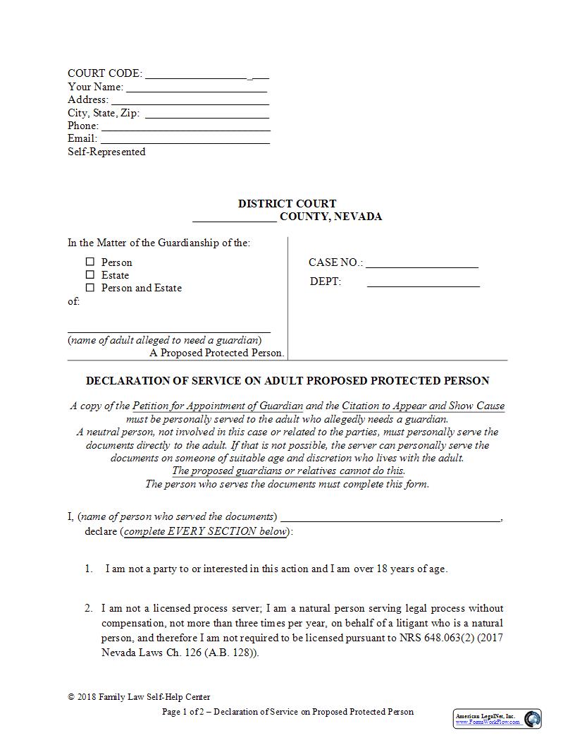 Declaration Of Service On Adult Proposed Protected Person | Pdf Fpdf Docx | Nevada