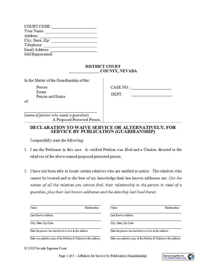 Declaration To Waive Service Or Alternatively For Service By Publication | Pdf Fpdf Docx | Nevada