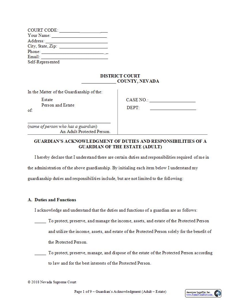 Guardians Acknowledgment Of Duties And Responsibilities Of The Estate Adult | Pdf Fpdf Docx | Nevada