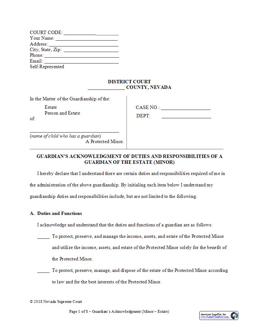 Guardians Acknowledgment Of Duties And Responsibilities Of The Estate Child | Pdf Fpdf Docx | Nevada