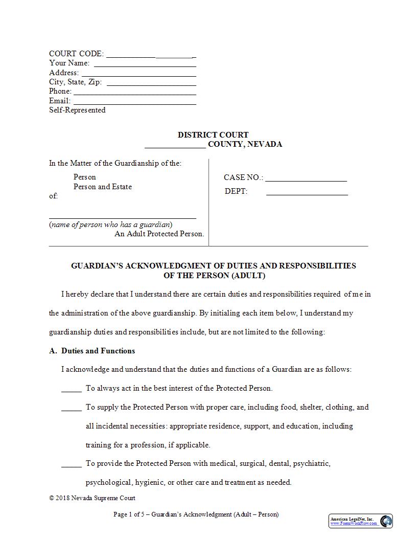 Guardians Acknowledgment Of Duties And Responsibilities Of The Person Adult | Pdf Fpdf Docx | Nevada