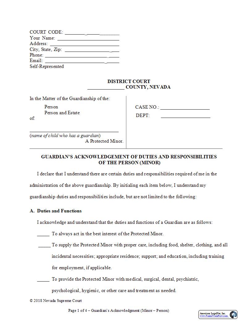 Guardians Acknowledgment Of Duties And Responsibilities Of The Person Child | Pdf Fpdf Docx | Nevada