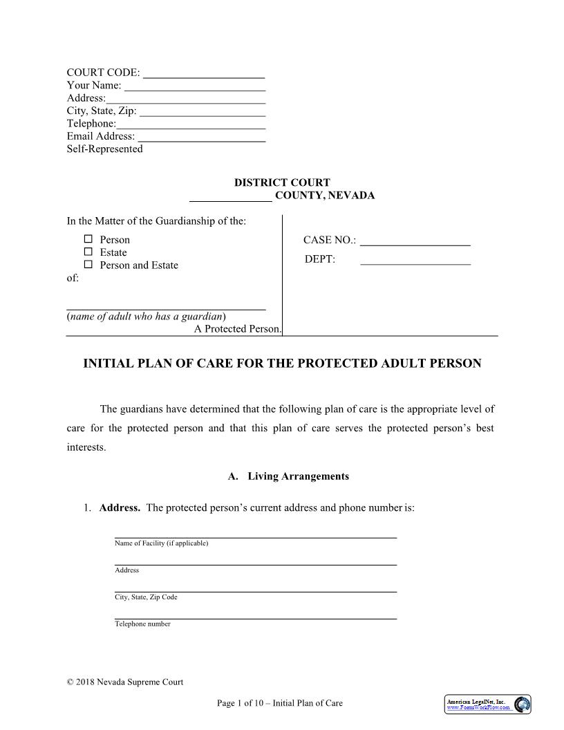 Initial Plan Of Care For The Protected Adult Person | Pdf Fpdf Docx | Nevada