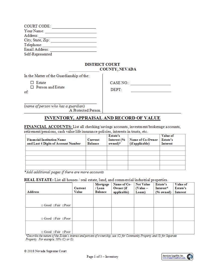 Inventory Appraisal And Record Of Value | Pdf Fpdf Docx | Nevada