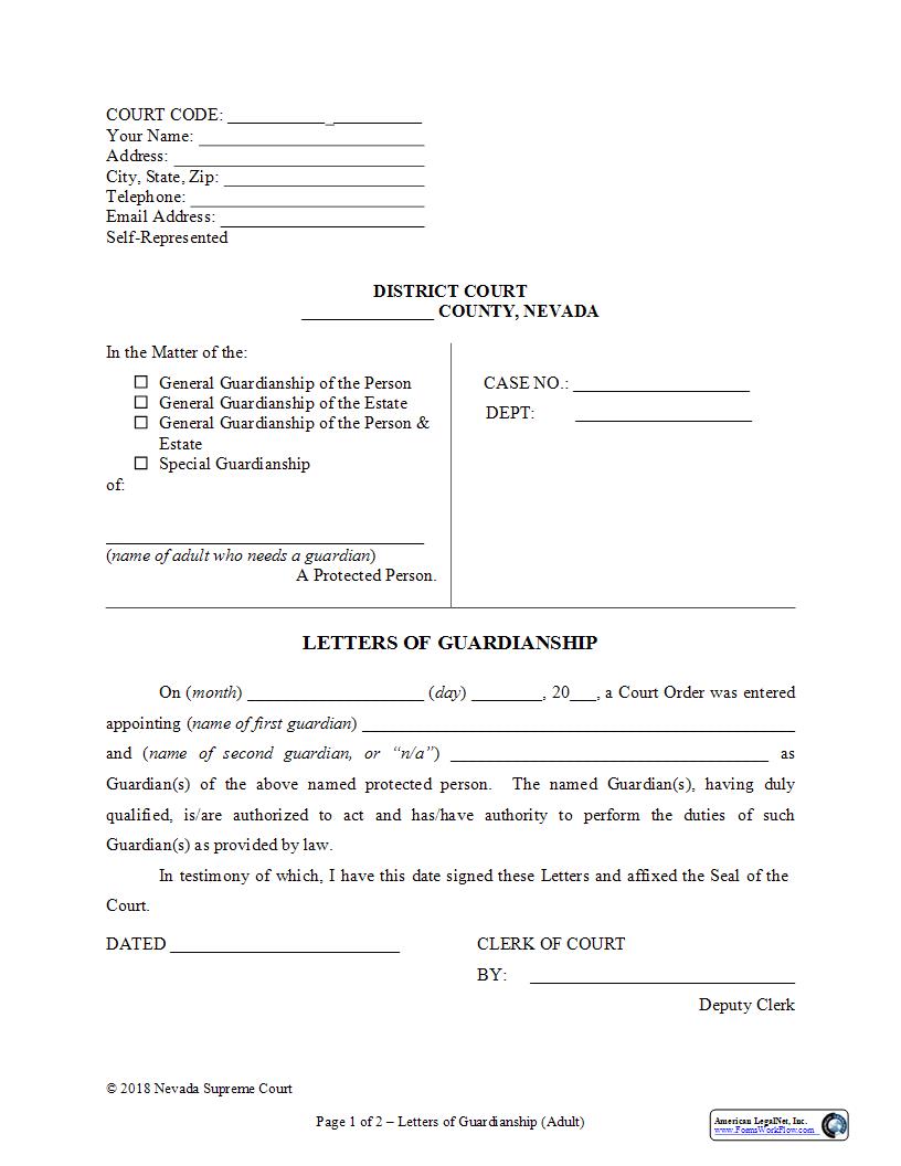 Letters Of Guardianship Adult | Pdf Fpdf Docx | Nevada