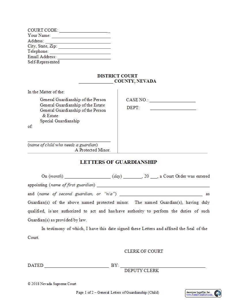 Letters Of Guardianship Child | Pdf Fpdf Docx | Nevada