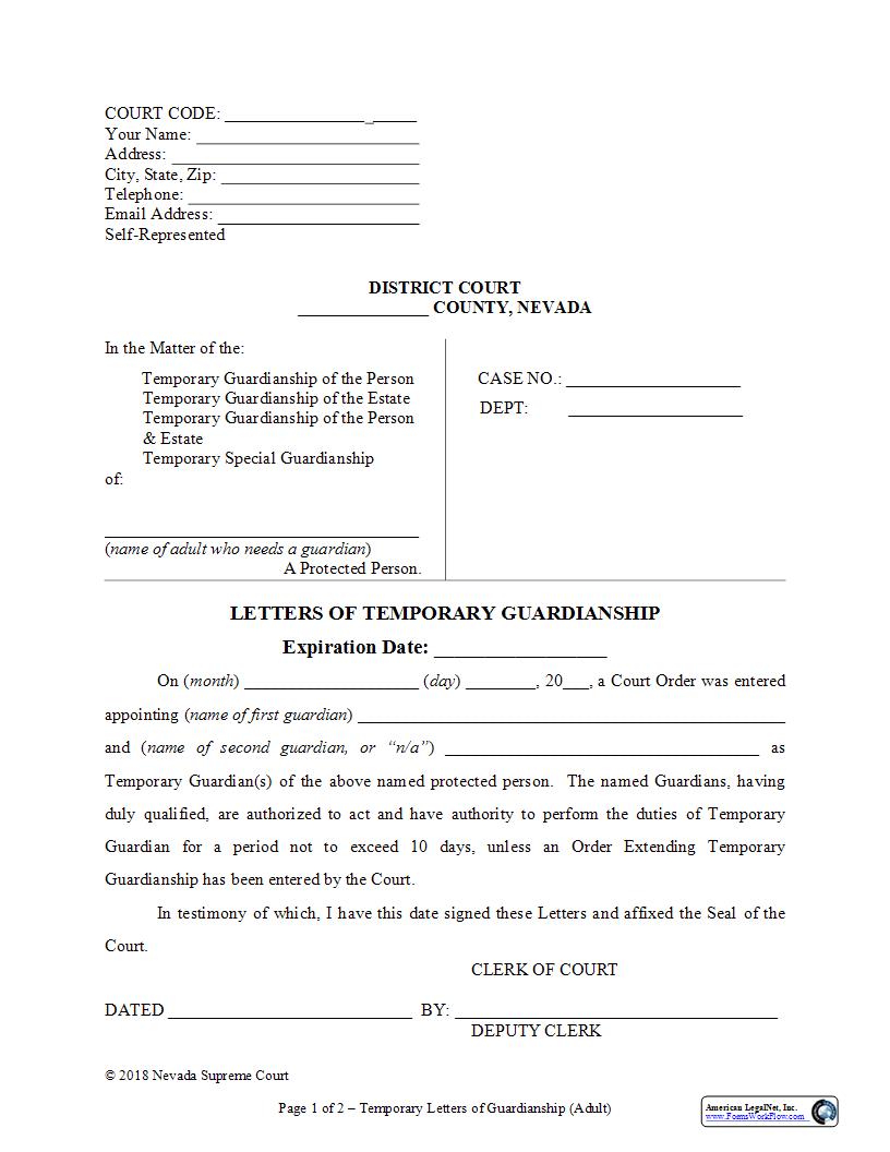 Letters Of Temporary Guardianship Adult | Pdf Fpdf Docx | Nevada