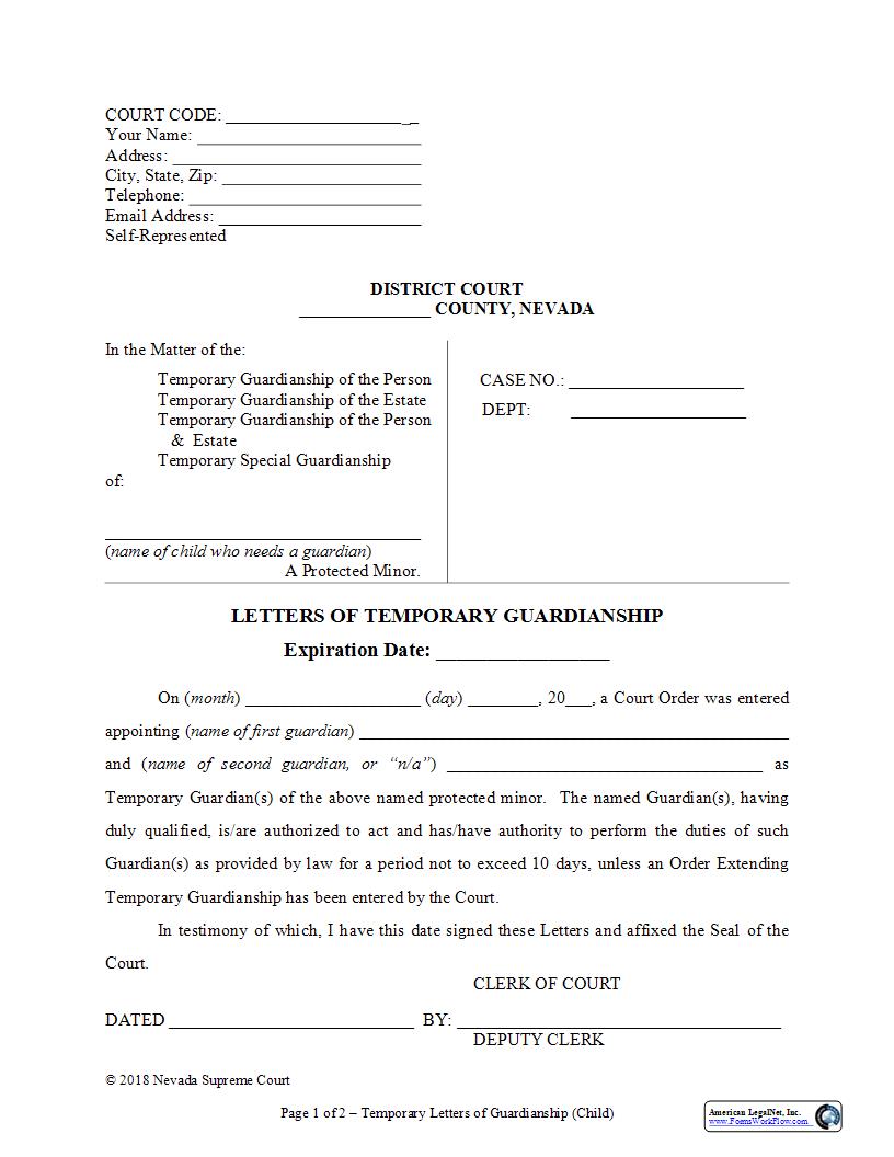 Letters Of Temporary Guardianship Child | Pdf Fpdf Docx | Nevada