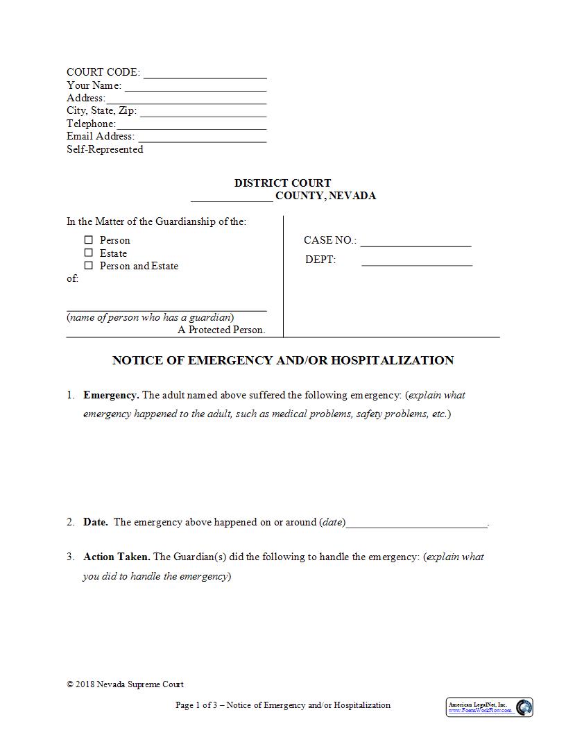 Notice Of Emergency And Or Hospitalization | Pdf Fpdf Docx | Nevada