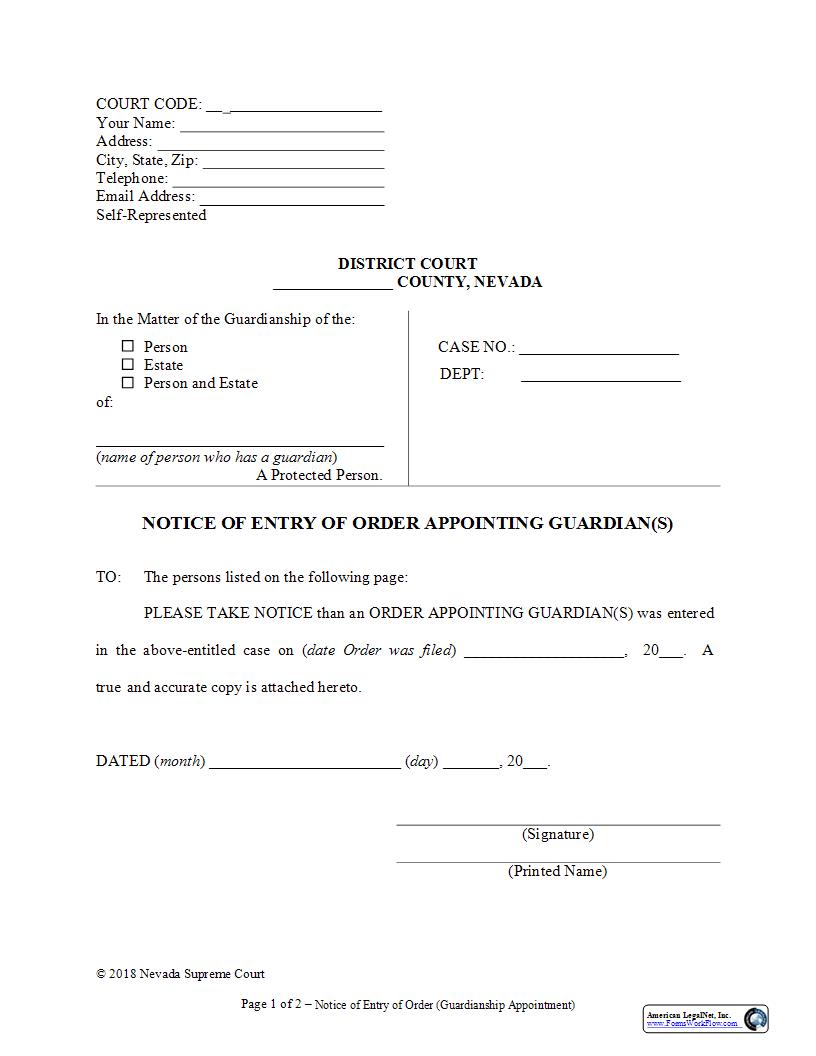 Notice Of Entry Of Order Appointing Guardian | Pdf Fpdf Docx | Nevada