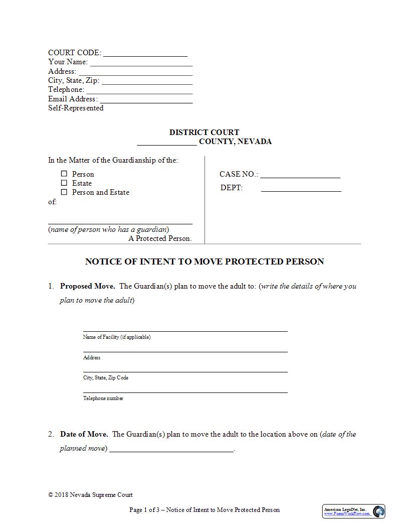 Notice Of Intent To Move Protected Person | Pdf Fpdf Docx | Nevada