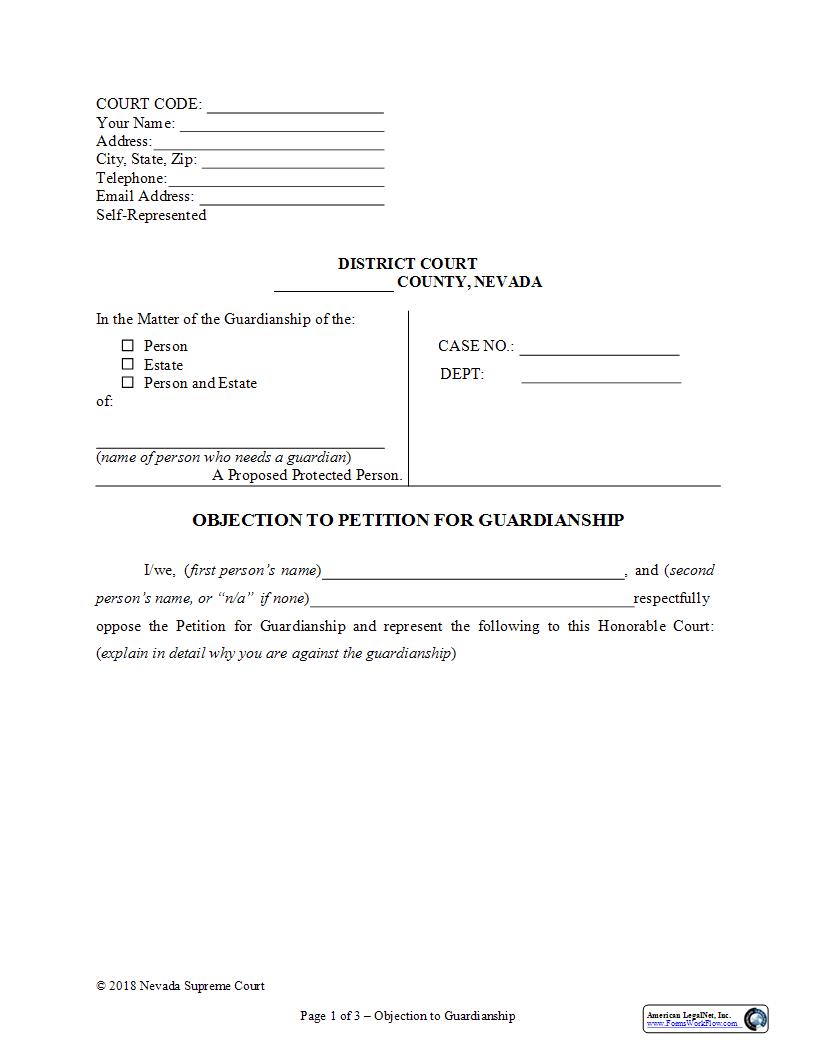 Objection To Petition For Guardianship | Pdf Fpdf Docx | Nevada