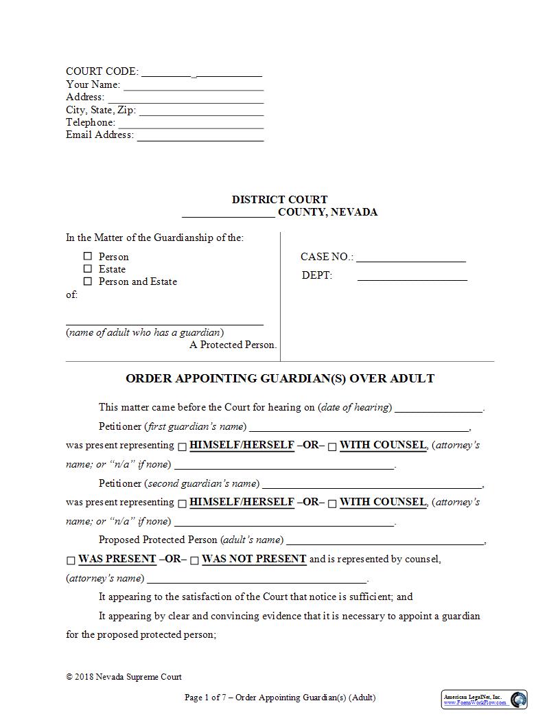 Order Appointing Guardian Over Adult | Pdf Fpdf Docx | Nevada
