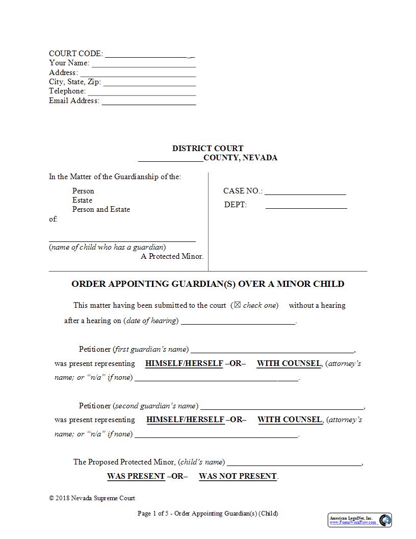 Order Appointing Guardian Over Child | Pdf Fpdf Docx | Nevada
