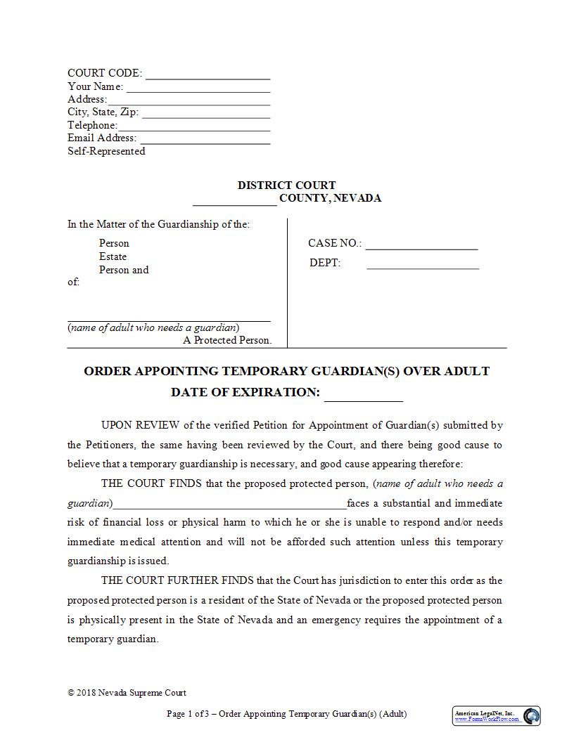 Order Appointing Temporary Guardian Over Adult | Pdf Fpdf Docx | Nevada