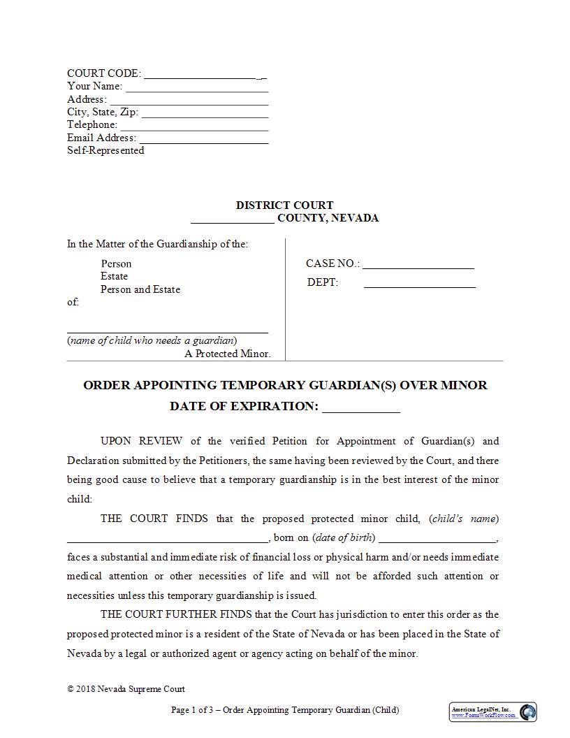 Order Appointing Temporary Guardian Over Minor | Pdf Fpdf Docx | Nevada
