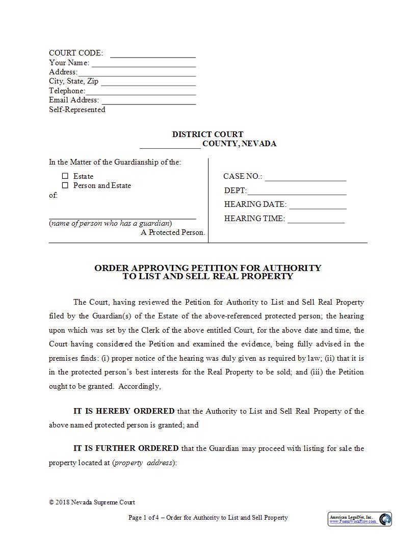 Order Approving Petition For Authority To LIst And Sell Real Property | Pdf Fpdf Docx | Nevada