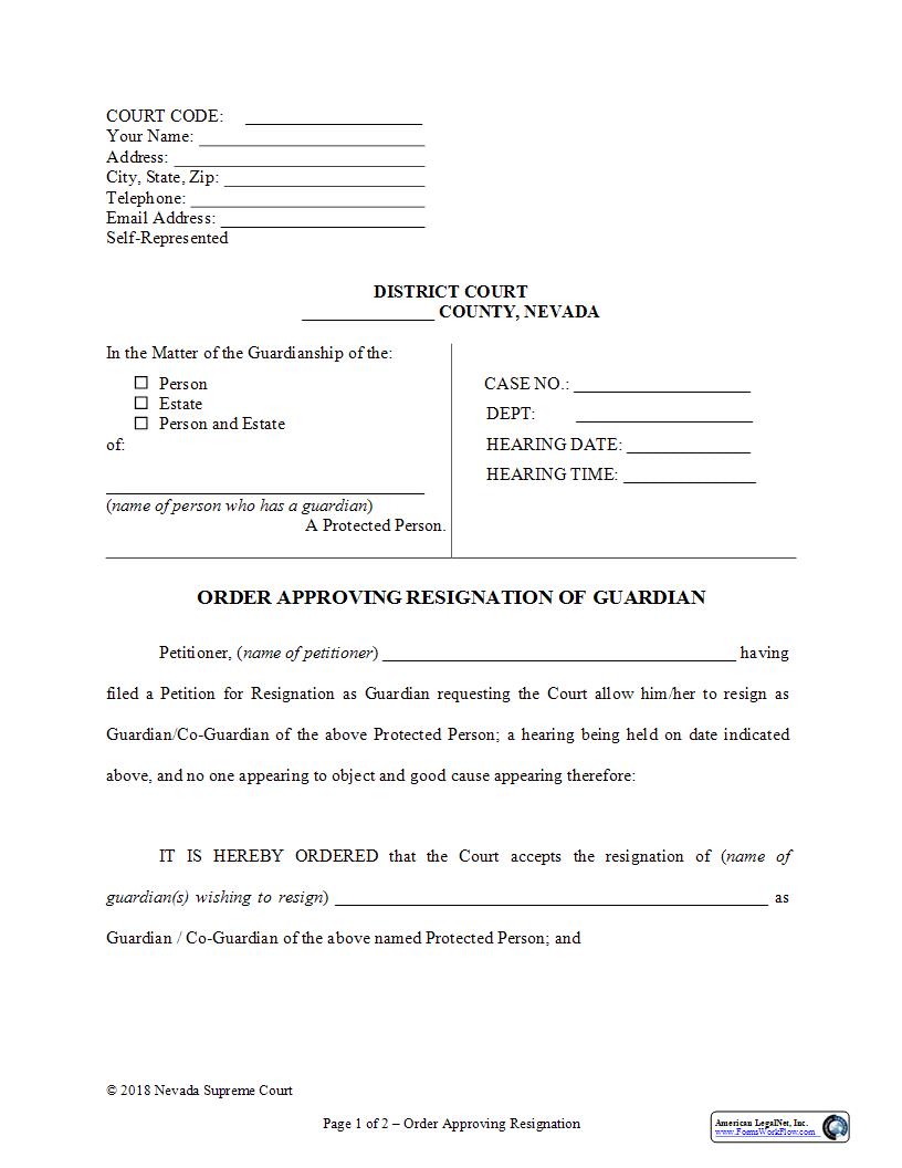 Order Approving Resignation Of Guardian | Pdf Fpdf Docx | Nevada
