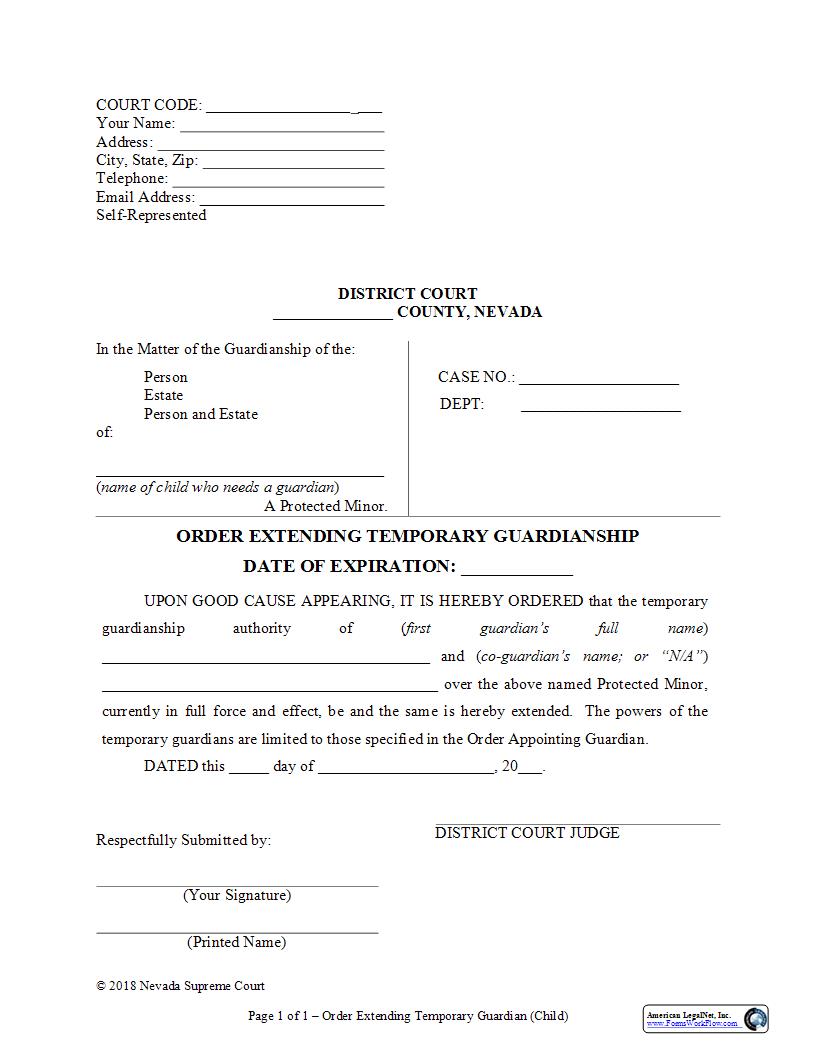 Order Extending Temporary Guardianship  Child | Pdf Fpdf Docx | Nevada