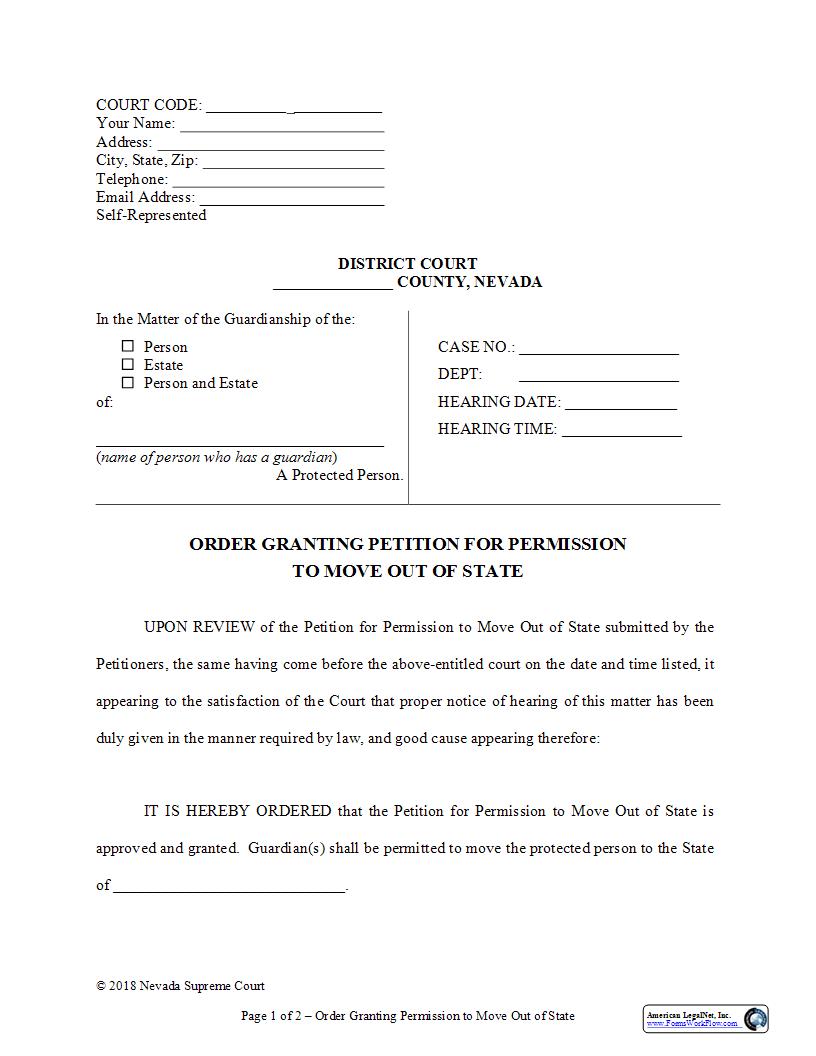 Order Granting Petition For Permission To Move Out Of State | Pdf Fpdf Docx | Nevada