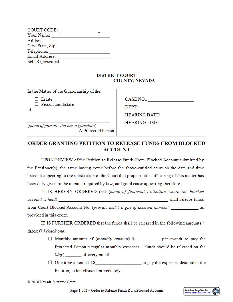 Order Granting Petition To Release Funds From Blocked Account | Pdf Fpdf Docx | Nevada