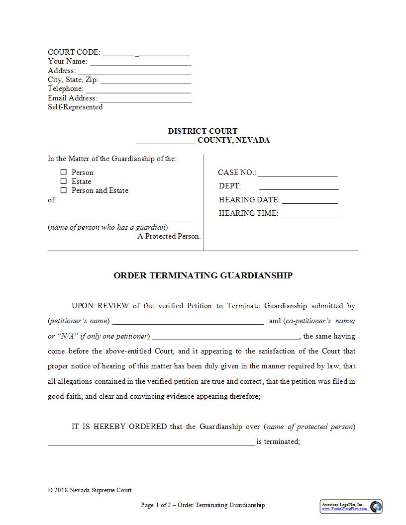 Order Terminating Guardianship | Pdf Fpdf Docx | Nevada