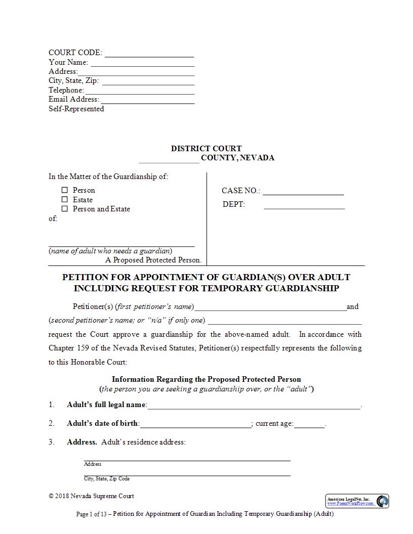 Petition For Appointment Of Guardian Including Temporary Over Adult | Pdf Fpdf Docx | Nevada