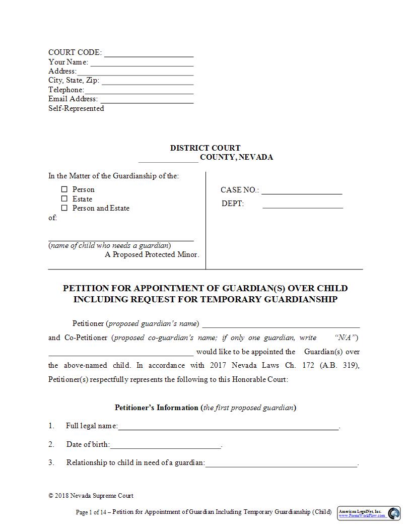 Petition For Appointment Of Guardian Including Temporary Over Child | Pdf Fpdf Docx | Nevada