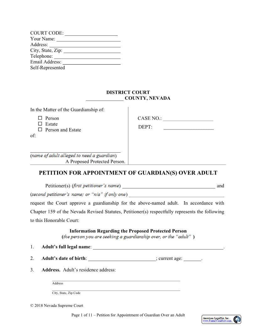 Petition For Appointment Of Guardian Over Adult | Pdf Fpdf Docx | Nevada