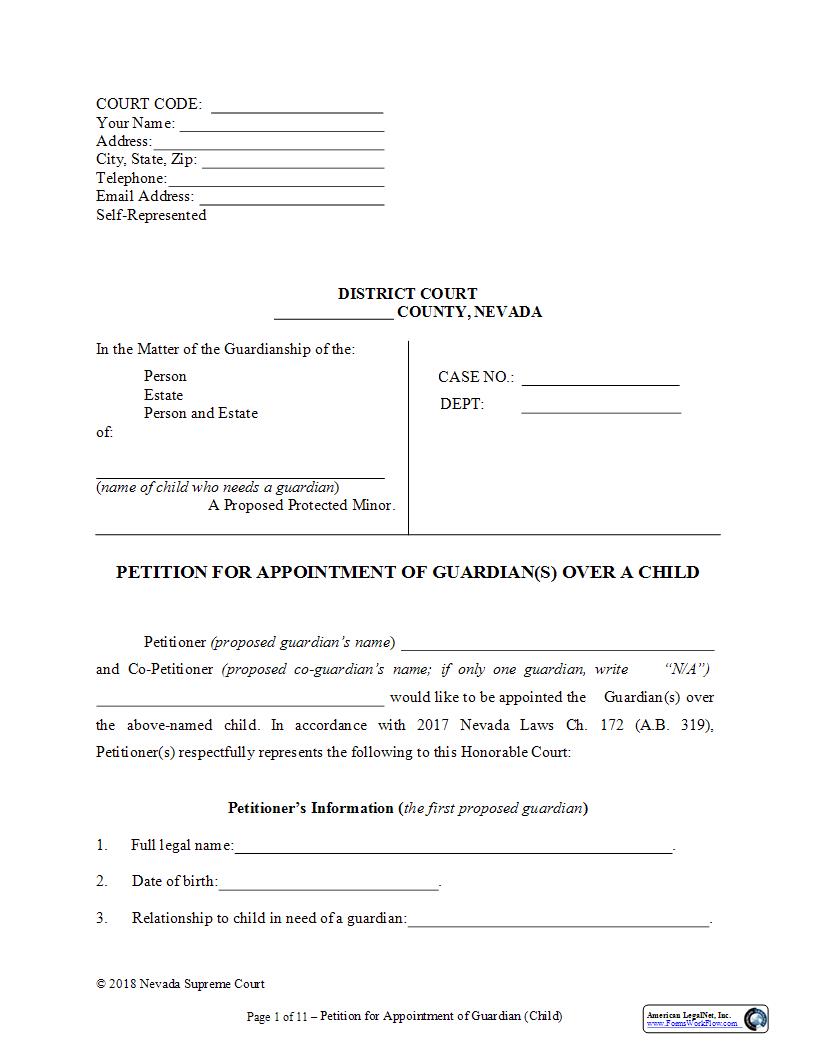 Petition For Appointment Of Guardian Over Child | Pdf Fpdf Docx | Nevada
