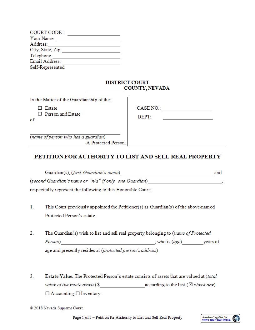 Petition For Authority To List And Sell Real Property | Pdf Fpdf Docx | Nevada
