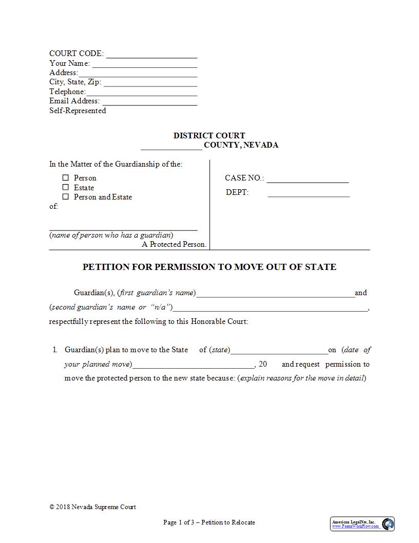 Petition For Permission To Move Out Of State | Pdf Fpdf Docx | Nevada