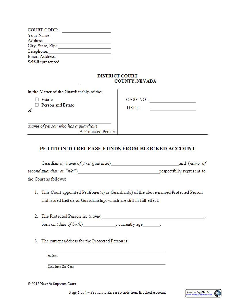 Petition To Release Funds From Blocked Account | Pdf Fpdf Docx | Nevada