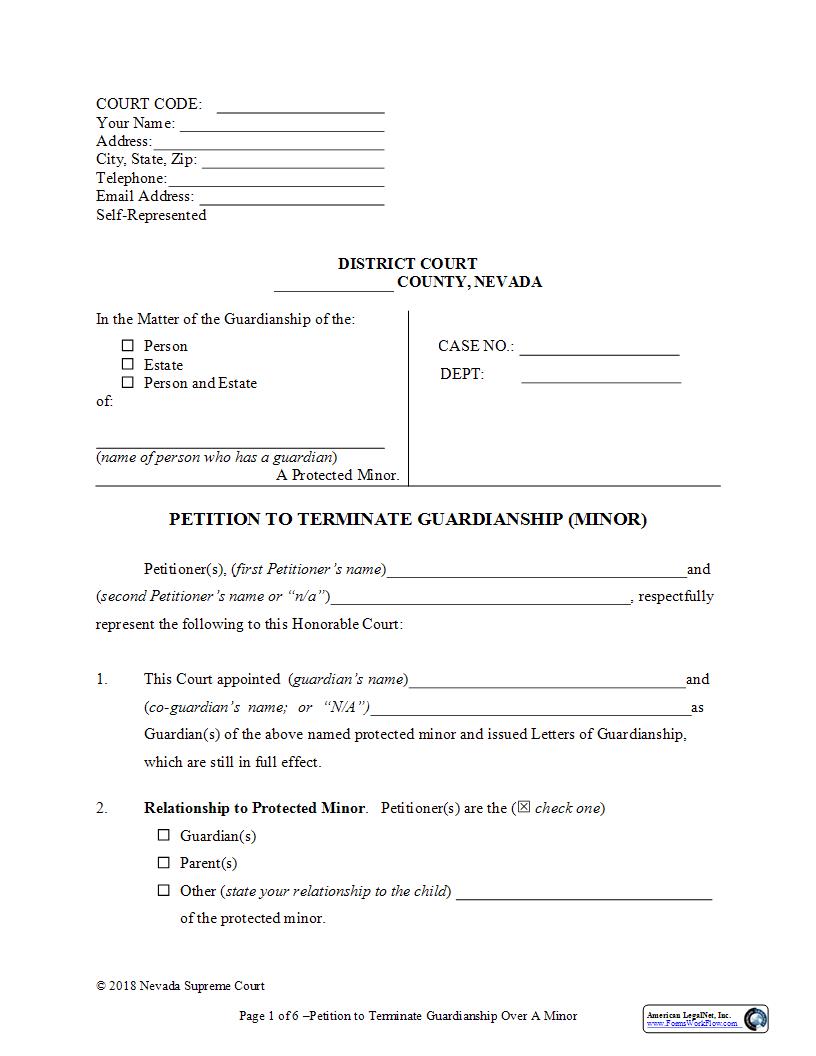 Petition To Terminate Guardianship  Child | Pdf Fpdf Docx | Nevada
