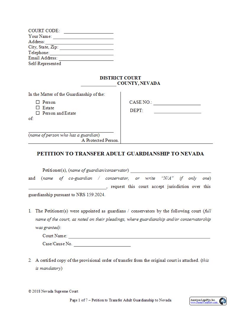 Petition To Transfer Adult Guardianship To Nevada | Pdf Fpdf Docx | Nevada