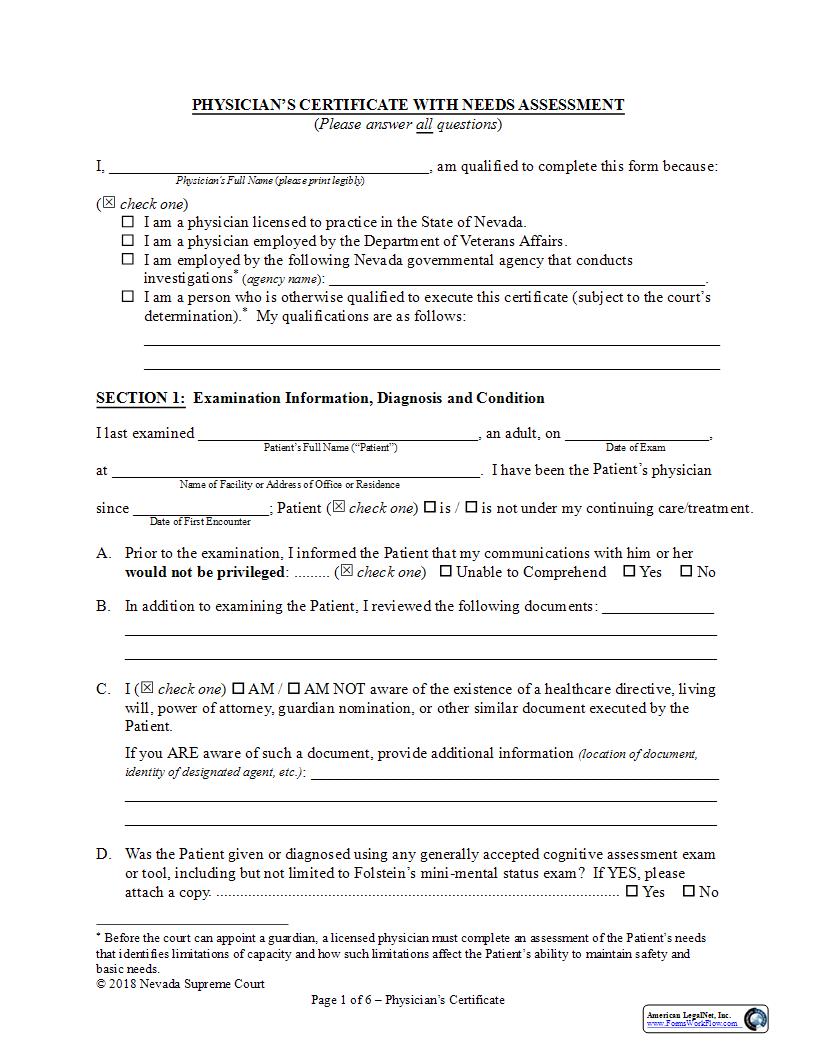 Physicians Certificate With Needs Assessment | Pdf Fpdf Docx | Nevada