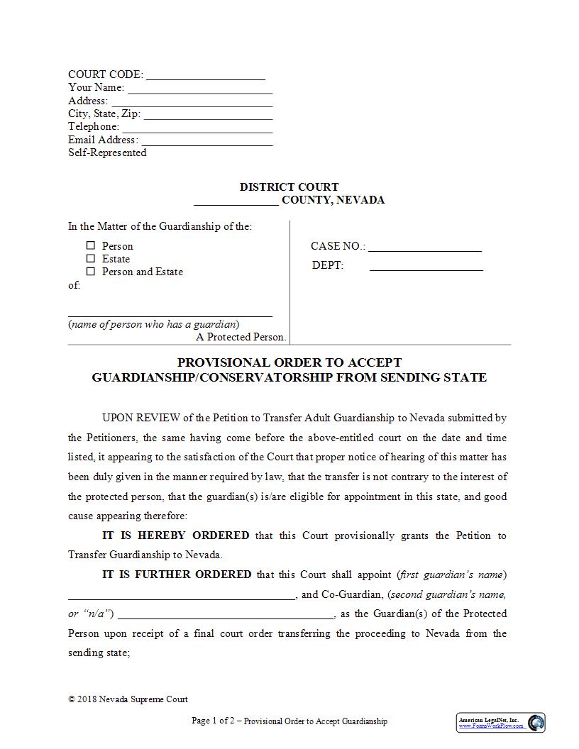 Provisional Order To Accept Guardianship Or Conservatorship From Sending State | Pdf Fpdf Docx | Nevada