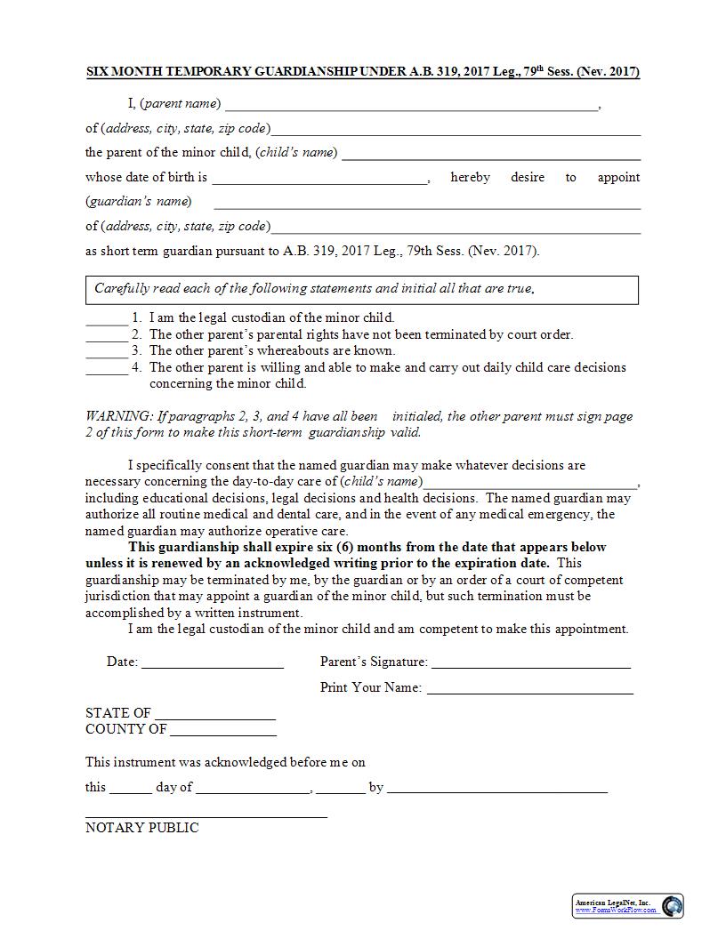 Six Month Temporary Guardianship | Pdf Fpdf Docx | Nevada
